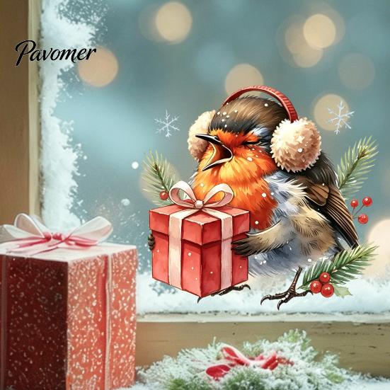 Waterproof PVC Glass Film Christmas Bird Static Window Clings, Decals with Santa Hat And Decorative Stickers for Home Gift Box, Removable Holiday Door