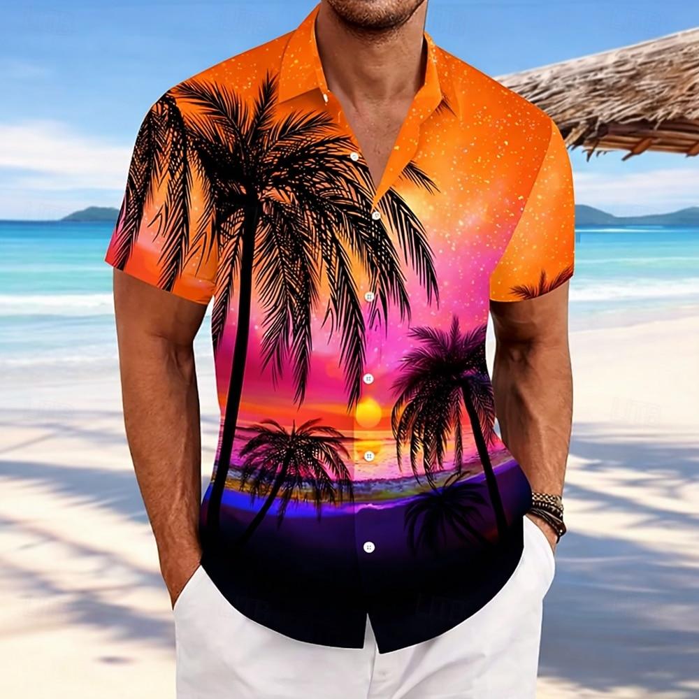 Men's Coconut Tree Starry Sky Summer Hawaiian Shirt Button Up Shirt Aloha Shirt Short Sleeve