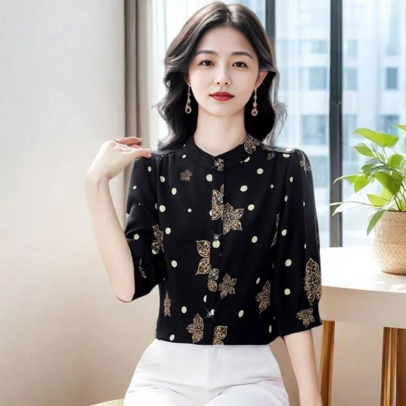 Counter Good Goods Cămășă de Mătase Hangzhou cu Mânecă Trei Sferturi Primăvară și Vară Nouă Bluză Largă Imprimată pentru Femei