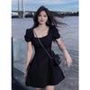 2024 High-end Hepburn Style Black Puff Sleeve Slimming Dress for Women