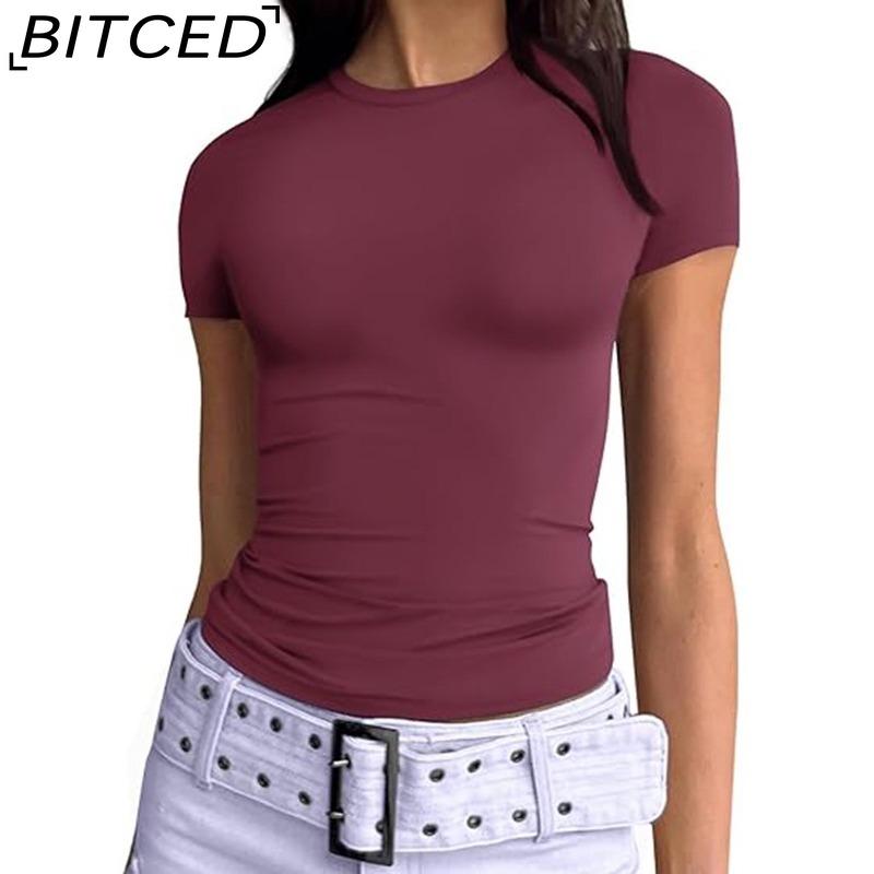 BITCED Damska koszulka z długim rękawem na lato: Stylowe topy z dekoltem O, dopasowane, do noszenia jako warstwa zewnętrzna