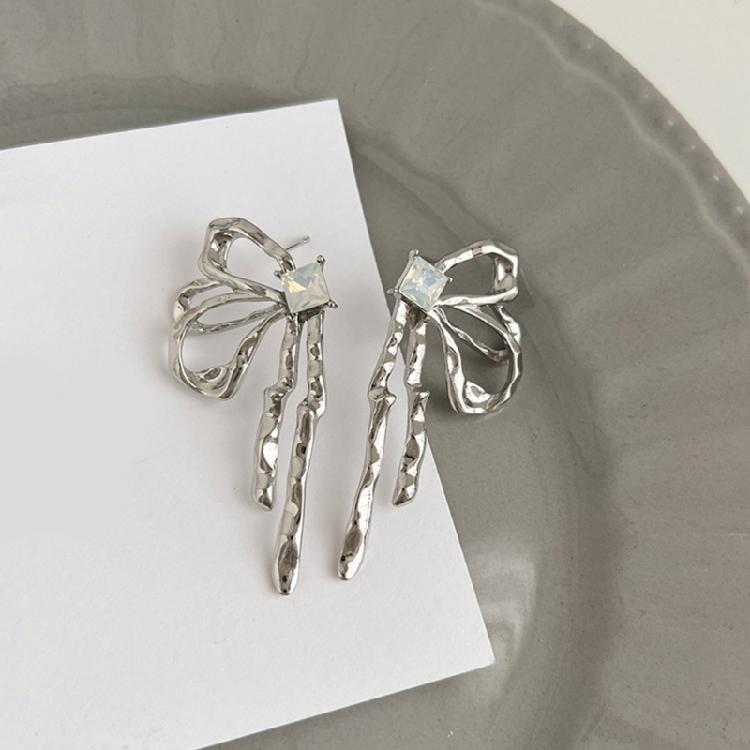 Silver Color Bowknot Drop Earrings for Women Girls Korean Hollow Bow Ear Studs