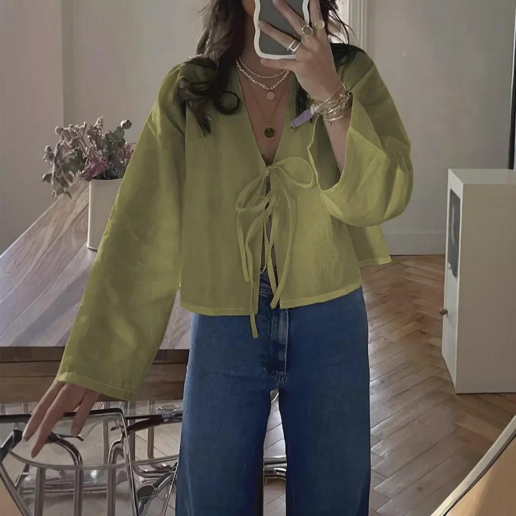 Women's Long-Sleeve V-Neck Lace-Up Solid Color Commuter Shirt