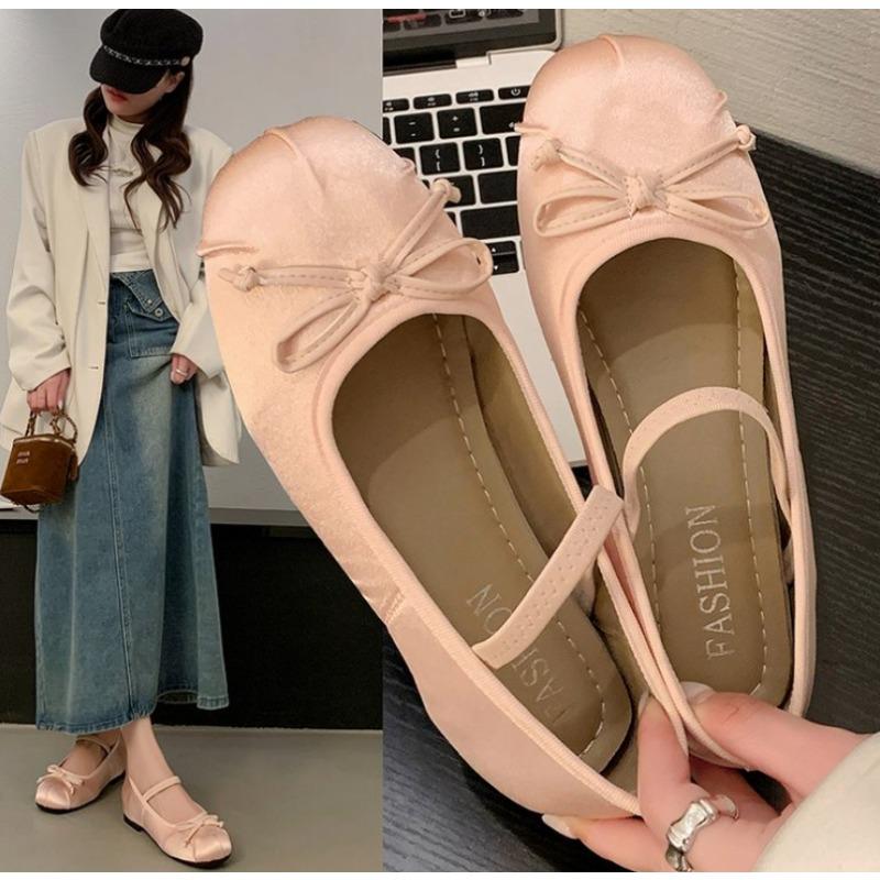 

Мода 2025Балетки Женская обувь Обувь Джейн Круглый носок Бант Шелковый атлас Балетки Большой размер 35 розовый