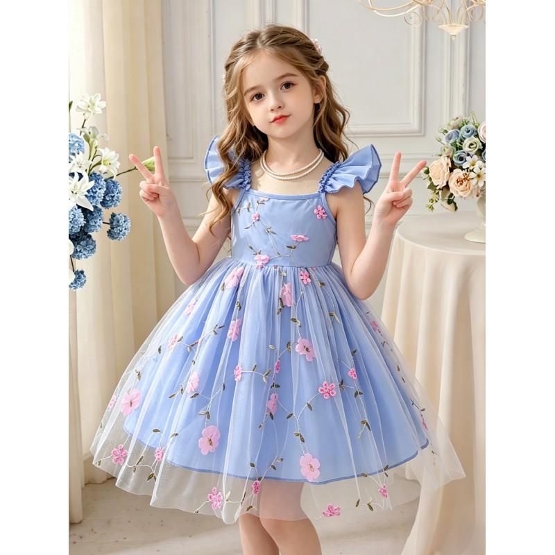 Girls Princess Dress Sleeveless Mesh Tutu Kids Embroidered Floral