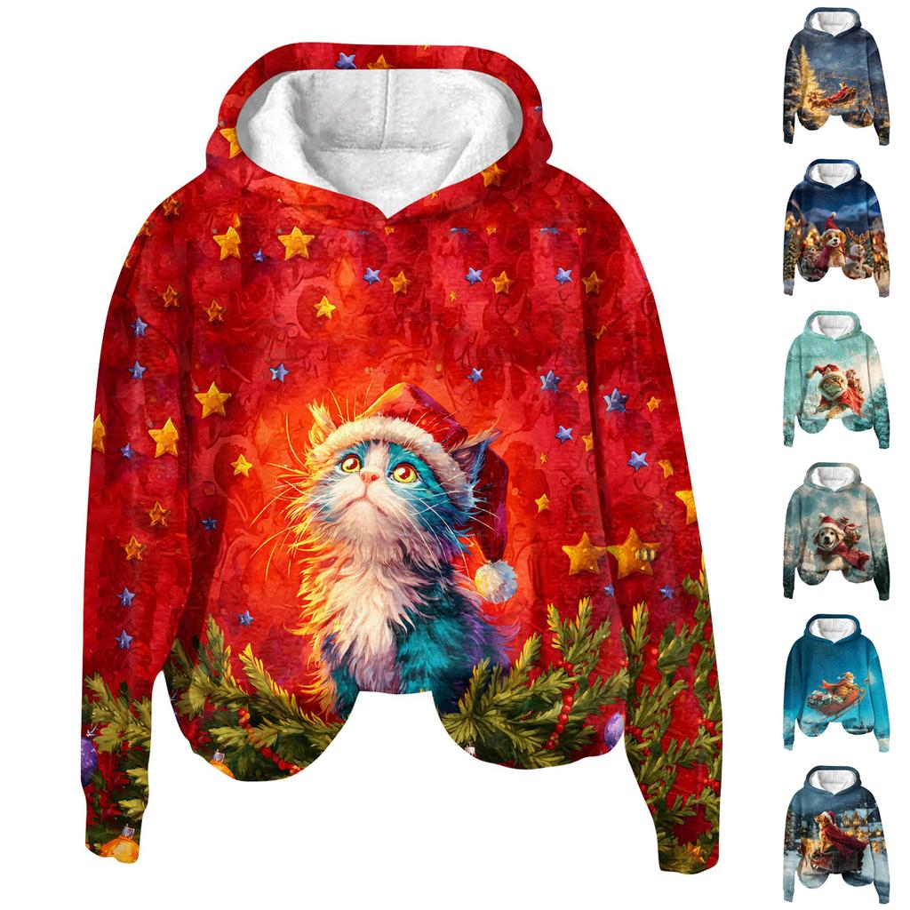 Women's Fashion Long Sleeve Christmas Print Loose Hooded Sweatshirt Top