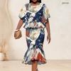 Women Plus Size Two Piece Skirt Set Round Neck Batwing Sleeve Galaxy Printed Ruffle Hem Top Fishtail Skirt