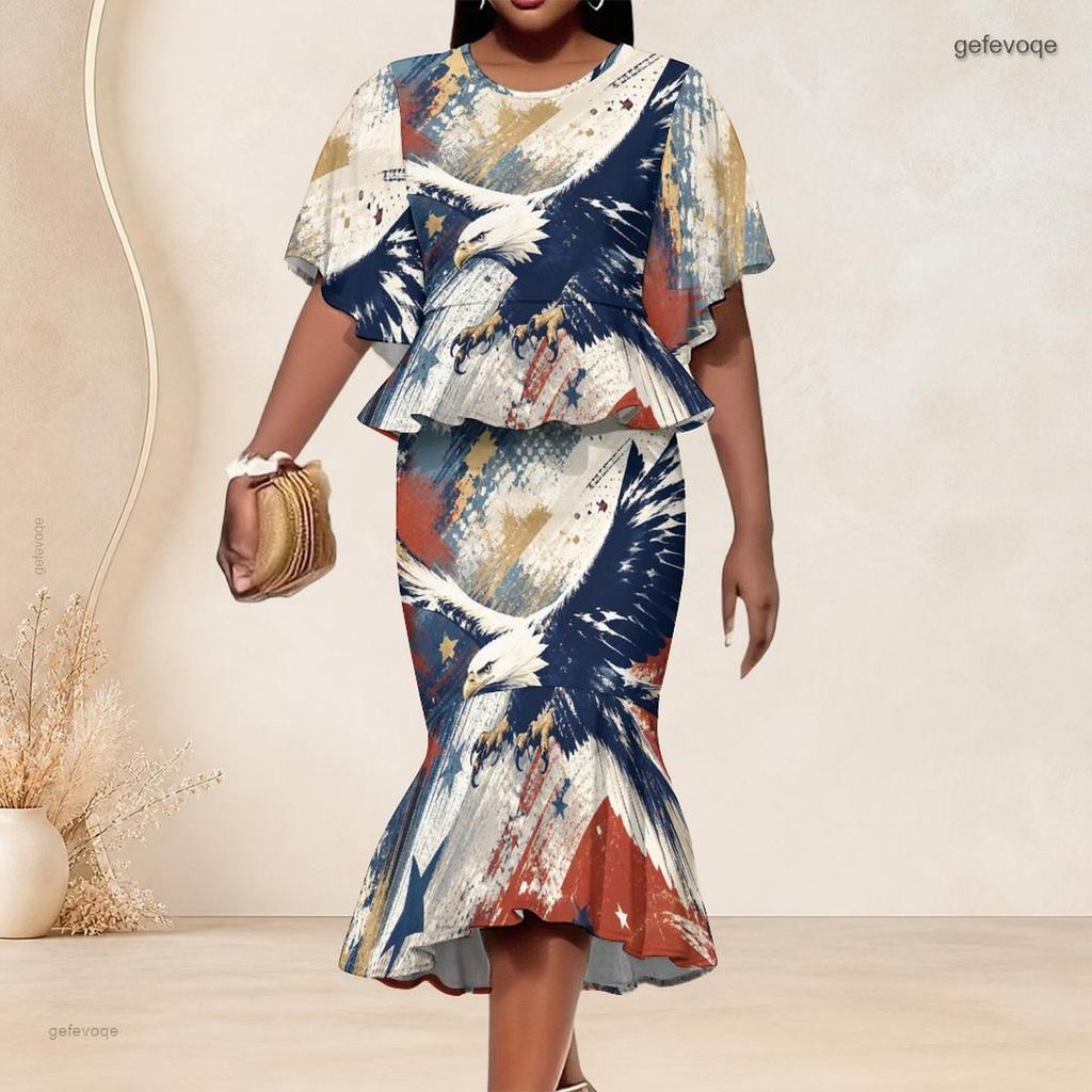 Women Plus Size Two Piece Skirt Set Round Neck Batwing Sleeve Galaxy Printed Ruffle Hem Top Fishtail Skirt