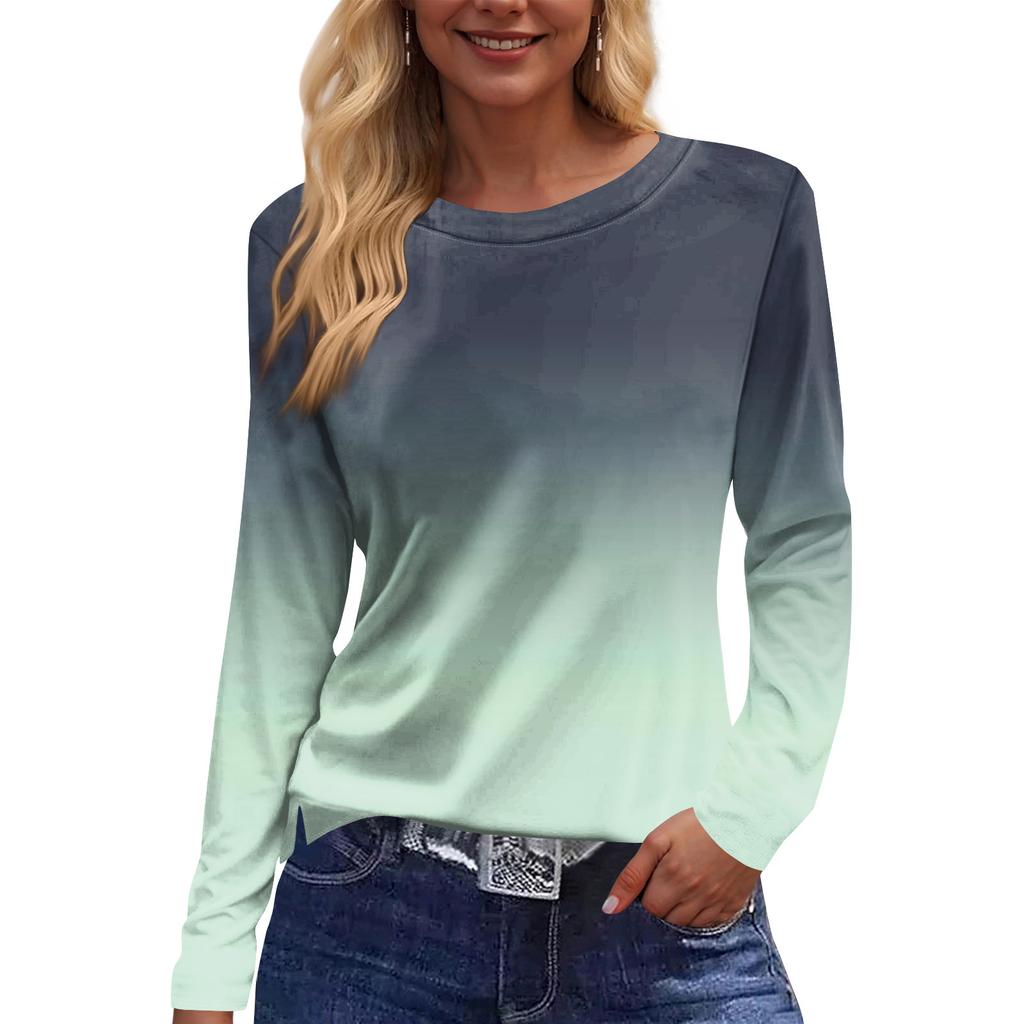 Women's Fashion Hem Slit Casual Striped Printed Round Neck Long Sleeve Top