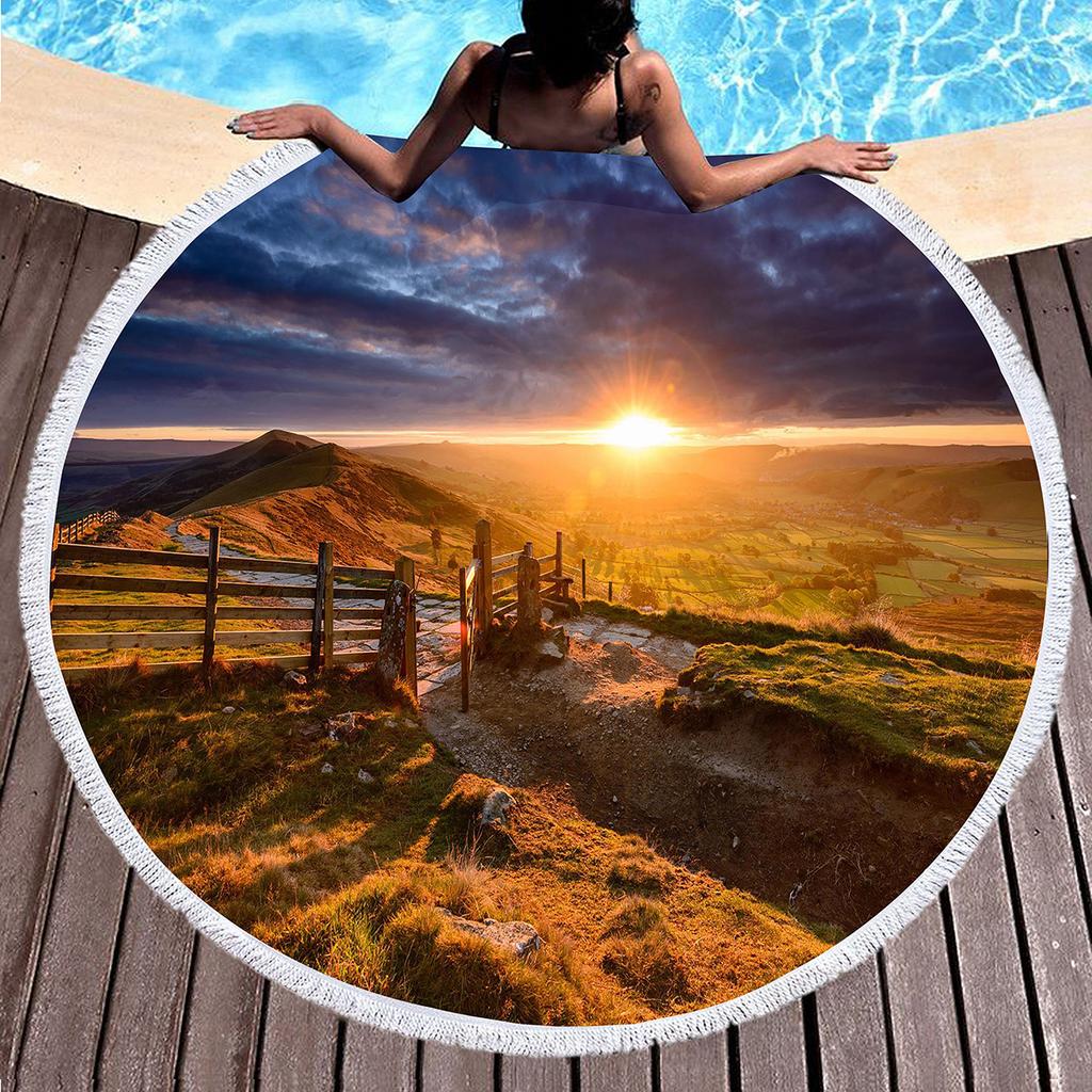 Sunset Landscape Round Beach Towel, Microfiber Beach Seawater Beach Blanket Lightweight Absorbent Circle Swim Towel with Tassels