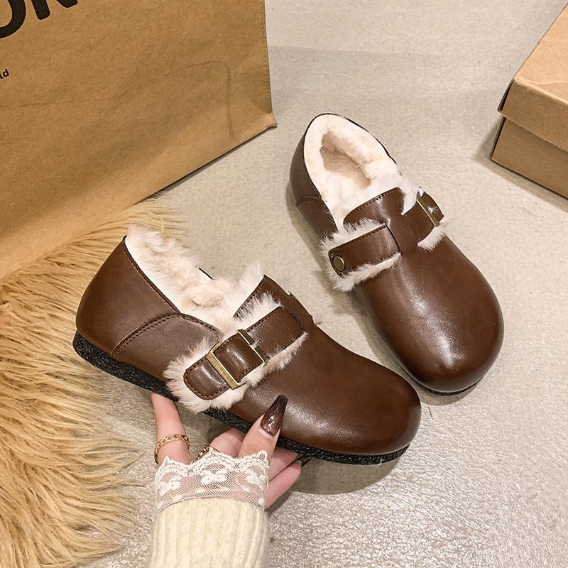 Fashion Women's Fashion Flat Shoes Winter New Round Head Deep Mouth Leather Soft Sole Anti-slip Wear-resistant Low Top Shoes