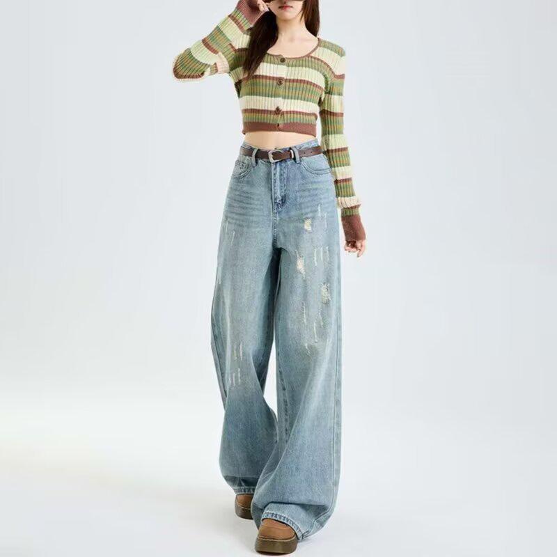 Women's High-Waisted Wide-Leg Jeans: Washed, Distressed, Slim-Fit, Hip-Covering, Floor-Length for Spring/Autumn