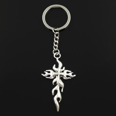 Mode 30mm Schlüsselanhänger Metall Schlüsselanhänger Schlüsselanhänger Schmuck Antik Silber Farbe Überzogene Kreuz Flammen Feuer 64x36mm Anhänger