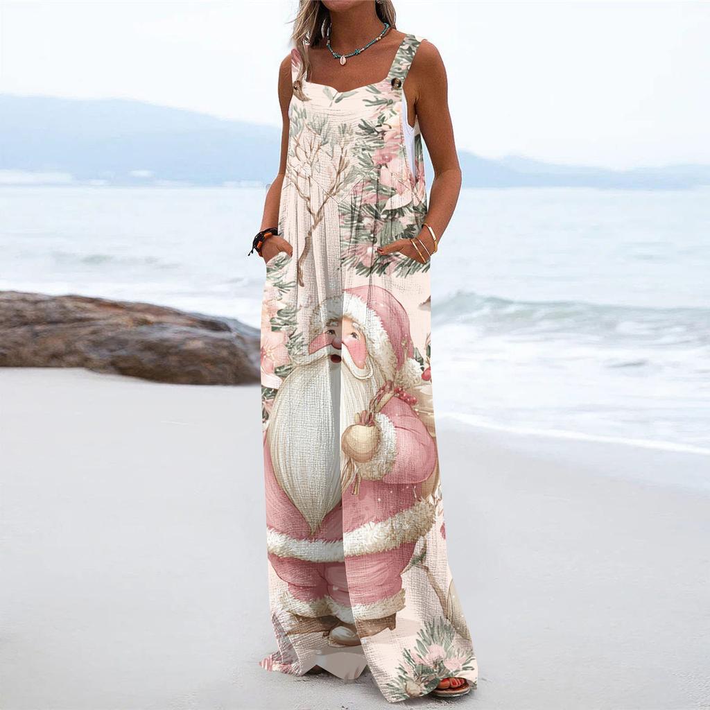 Women's Christmas Print Solid Wide Leg Strapless Tank Pocket Casual Onesie