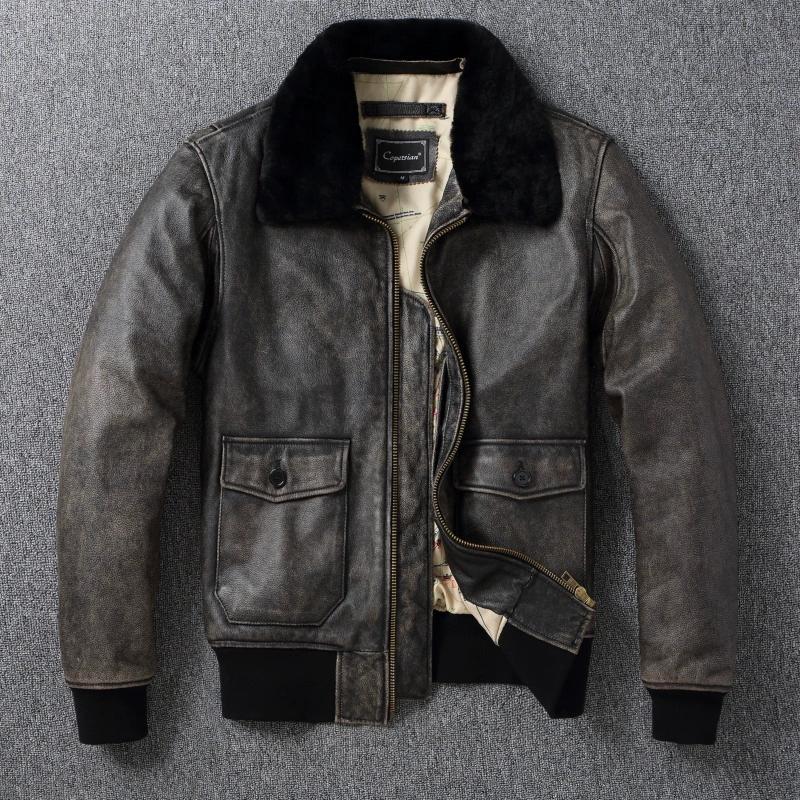 

Китайский размер G1 летная куртка мужская кожаная куртка винтажная серая стеганая натуральная коровья кожа мех 5XL