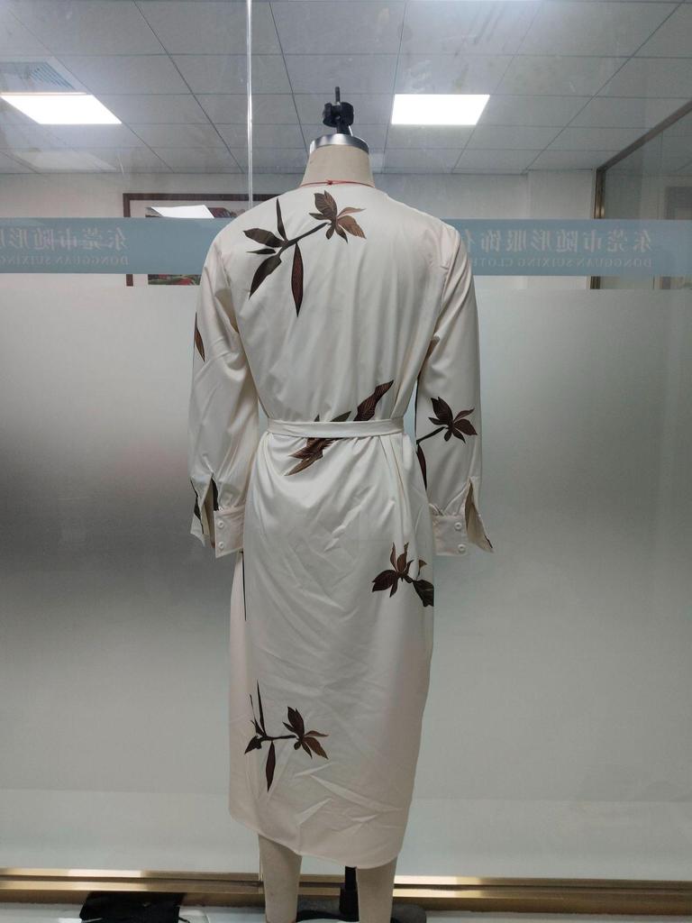2025 European & American Women's V-neck Long Sleeve Lace-up Print Long Dress