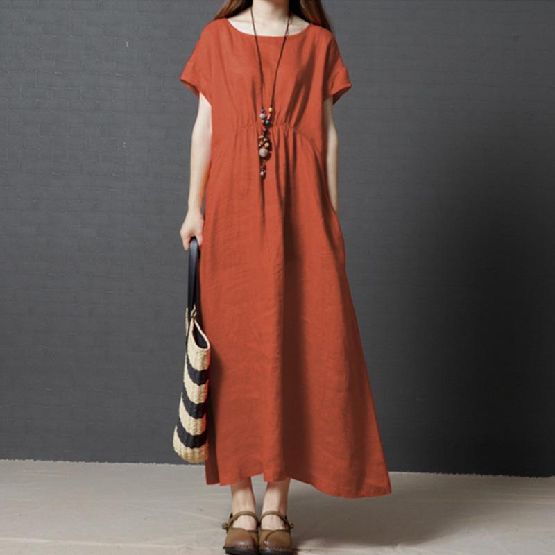 Baumwoll-Leinen-Kleid, kurzärmelig, neue Farbe, Herbst-Temperament, mittellanger bis langer Rock, dünn, beliebte Damenbekleidung, verlängert und vergrößert