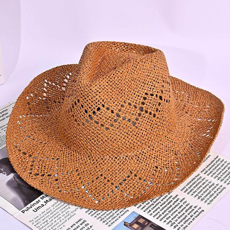 Sommer-Sonnenschutz Strandhut Damen hohl Sonnenschirm handgewebter Strohhut Retro Western Cowboyhut