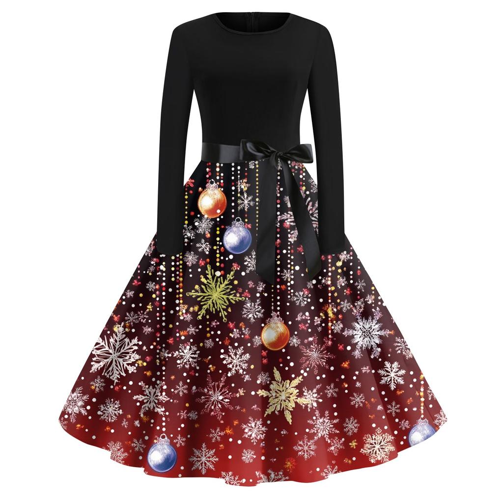Damenmode Rundhalsausschnitt Lässig Schlank Weihnachten Bedruckte Langarmkleider