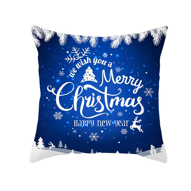 Christmas Pillow Case Elk Print Peach Skin Sofa Pillow Dark Blue Snowflake Scenery Home Pillow