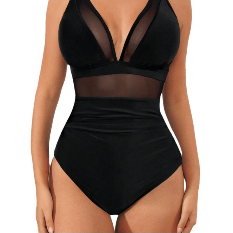 New Solid Color Mesh Halter Sexy Bikini One-piece Swimsuit Swimsuit