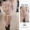 Elegant Winter Trio: Lace Base Layer, Fluffy V-Neck Sweater, and A-Line Skirt