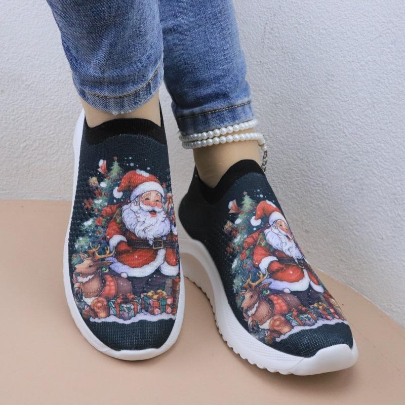 Large size spring and autumn new casual single shoes Santa Claus round head women's sports shallow mouth fly-woven breathable single shoes