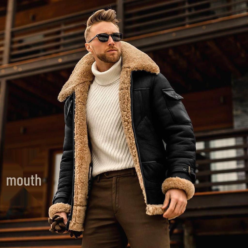 Men's Winter Leather Jacket with Thick Fur Lining - Large Size, Warm Cross-Border Coat
