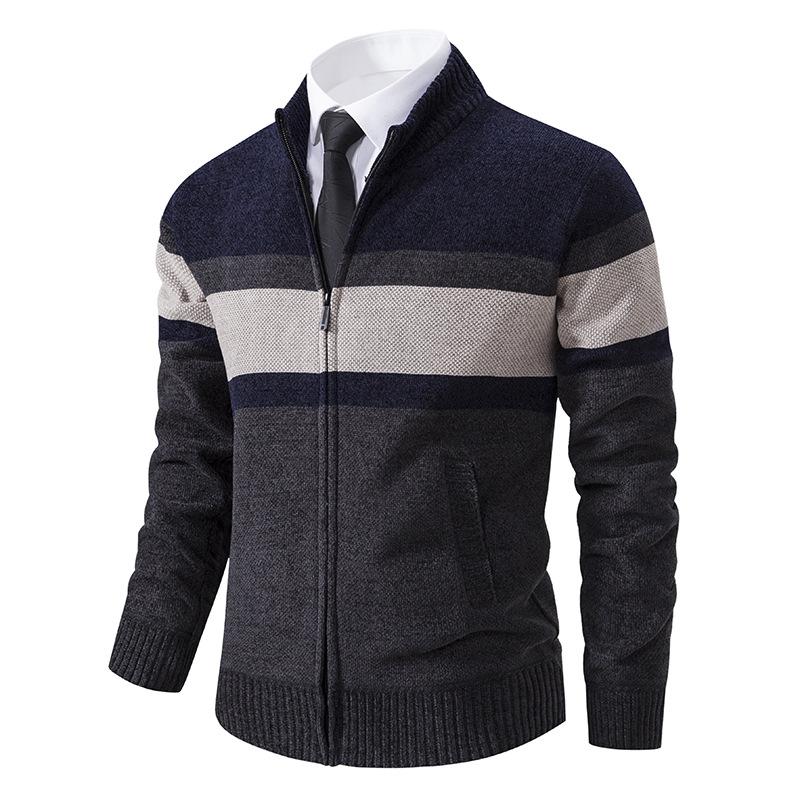 Men's Color Matching Stand-up Collar Men's Jacket Winter Velvet Youth Knitted Warm Jacket