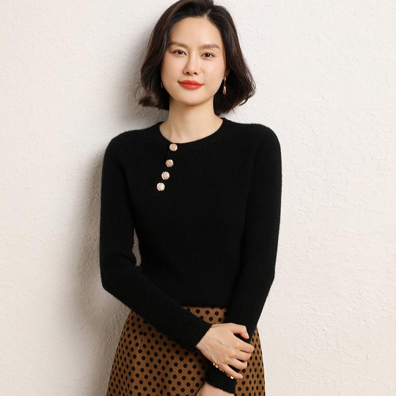 Women's Slim Fit Cashmere Sweater - Round Neck Ribbed with Diagonal Buttons, Elegant Knitwear for Autumn and Winter