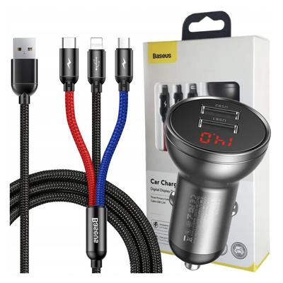 Baseus Autoladegerät mit Display 24W + 3in1 USB-Kabel Baseus Three Primary Colors 1,2M