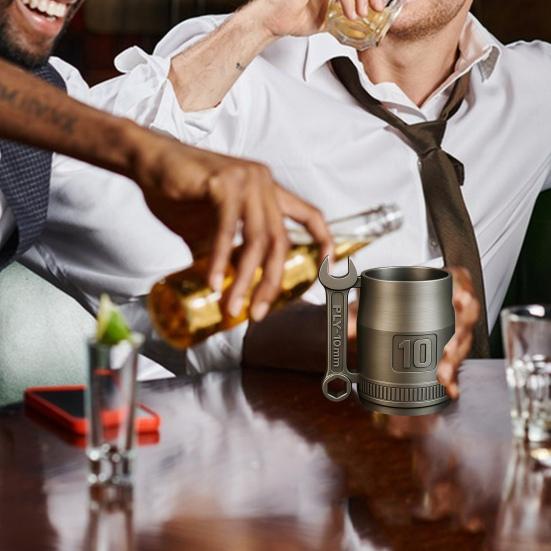 Stainless Steel Spanner Mug Industrial Style Water Cup Mechanic Themed Mug with Wrench Handle Garage Vibe Coffee Cup