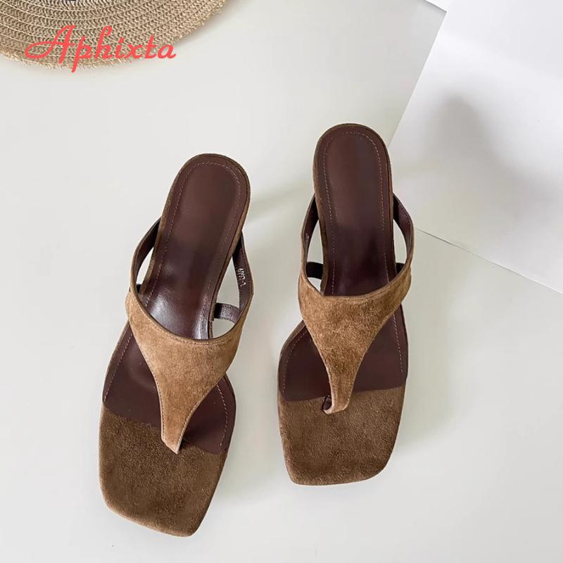 Fashion Aphixta Women Classic Slides Cow Suede Thin Heels Slippers For Women Summer Beach Sandals Outdoor Flip Flops Ladies Shoes