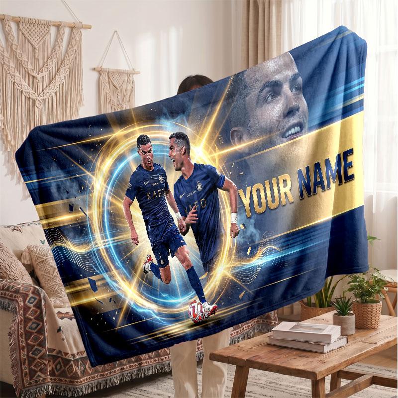 Personalisierte Fleece-Decke Cristiano Ronaldo mit Fußball-Logo, Individueller Name Text Weich Warm Home Überwurfdecke