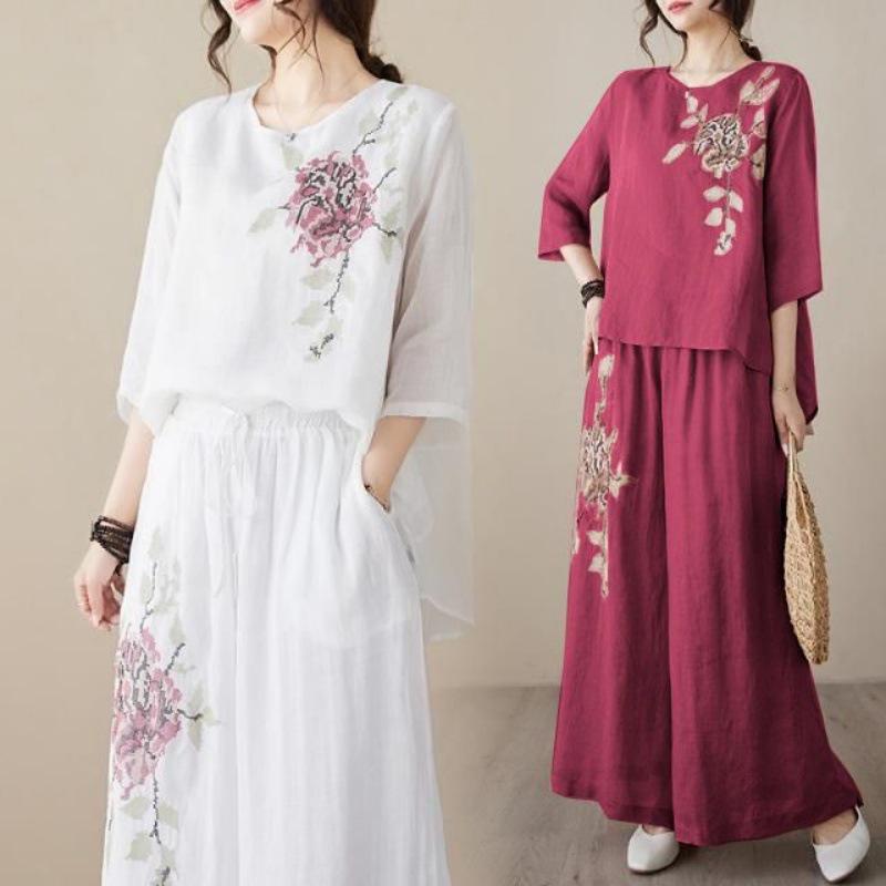 Completo Due Pezzi Estivo Floreale Ricamato in Cotone e Lino Taglie Forti da Donna - Maglia a Pullover e Pantaloni Leggeri