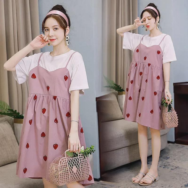 Summer 2023 Loose-Fit Maternity Dresses - Celebrity Style, Medium To Long Length, Belly-Covering Design