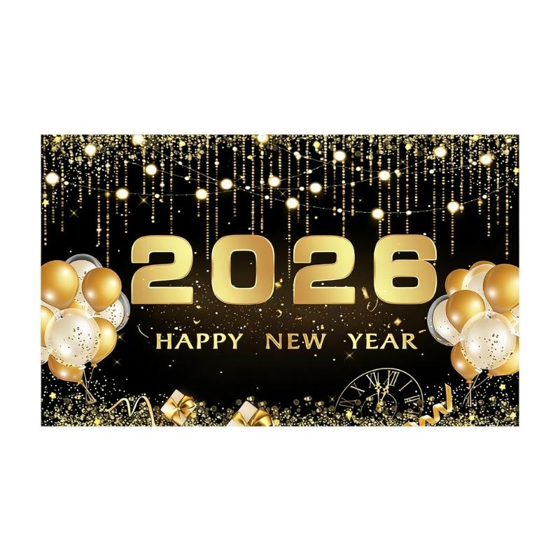 Happy New Year 2026 Banners With Balloon Pattern Decoration For Outdoor Indoor Festives Event Photoshoot Backdrop Favor