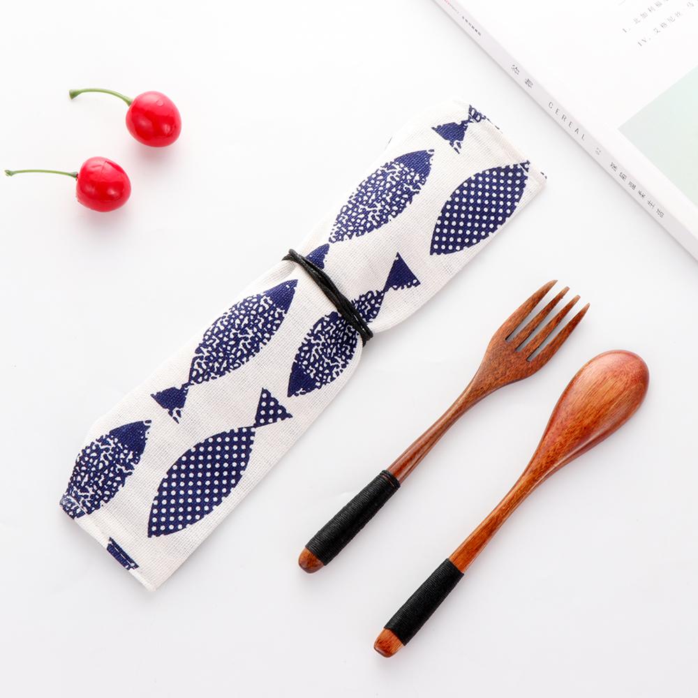 Kitchen Portable Handmade Cloth Bag Cutlery Set Wooden Natural Tea Scoops Spoon Fork