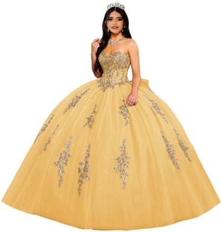 Gold Lace Applique Adult Dress Fluffy Strapless Tube Top Tulle Ball Dress Glitter Princess Dress Dress