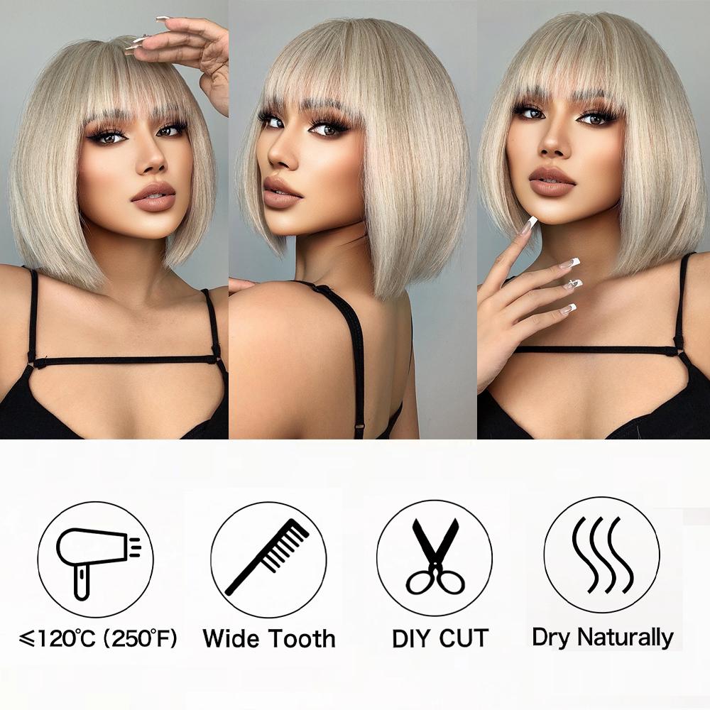Synthetic Bob Wigs with Bang Short Straight Light Blonde Beige Natural Hair Wigs for Women Daily Cosplay Heat Resistant