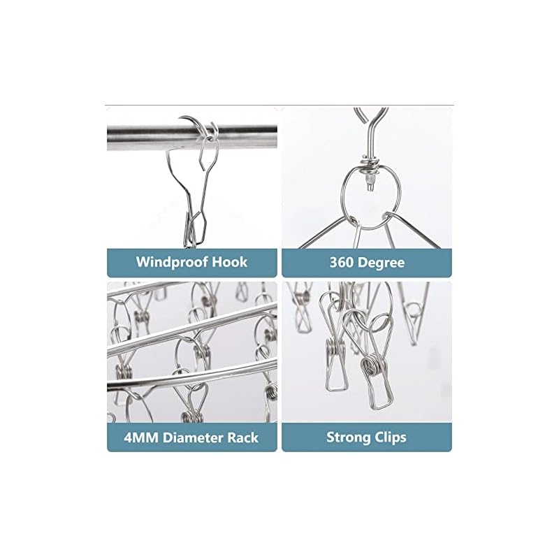 WudTus Stainless Steel Clothes Peg Hanger with 20 Pegs, Swivel Hooks, and Pegs for Drying Clothes. Windproof and suitable for drying socks, underwear,