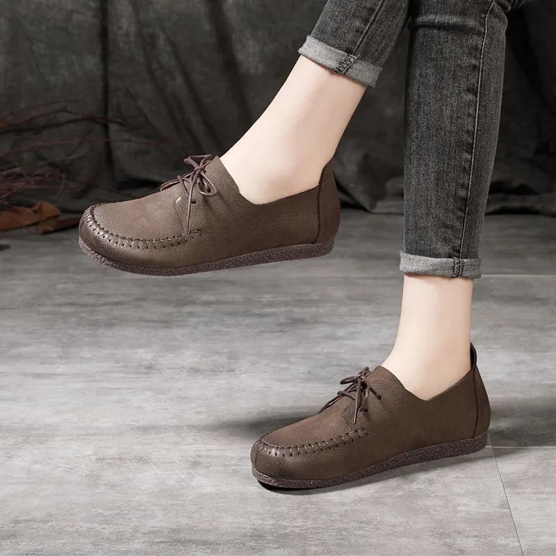 Модные женские туфли из коровьей кожи ручной работы в стиле ретро на плоской подошве из натуральной кожи для пожилых людей здоровые и удобные 35 6794₽