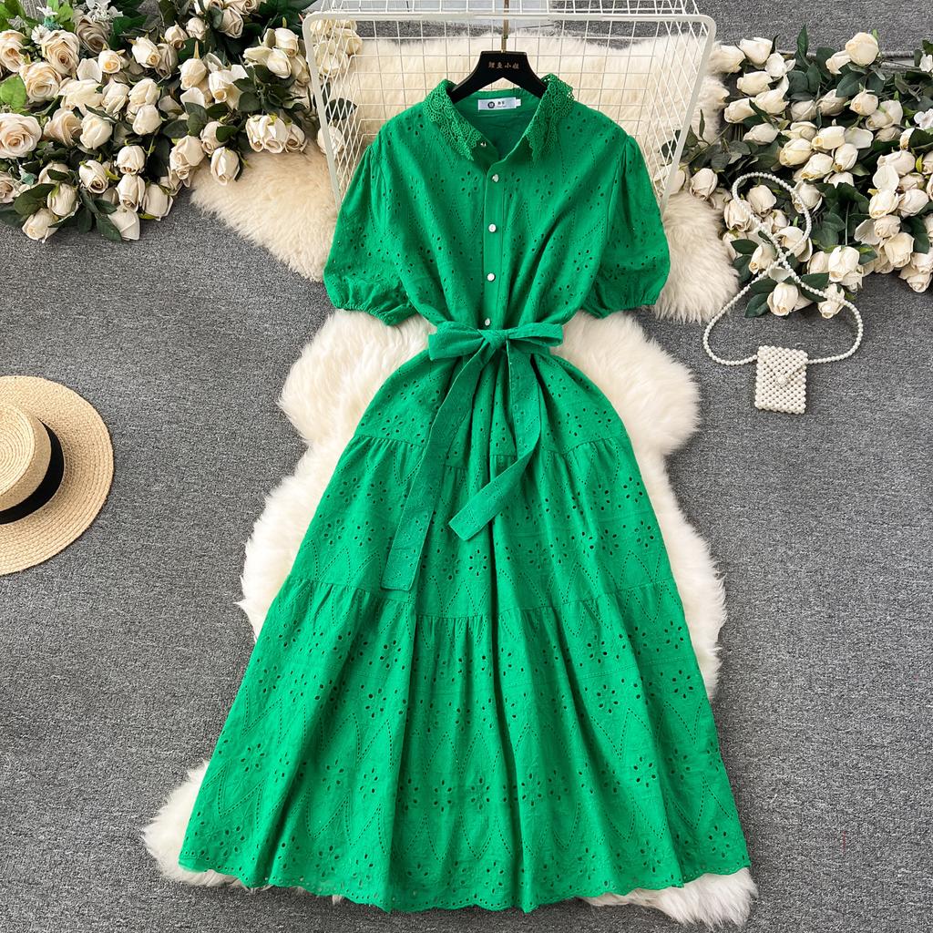 2026 retro embroidery hollow lace lapel breasted slim-fit long age-reducing bubble sleeve dress women