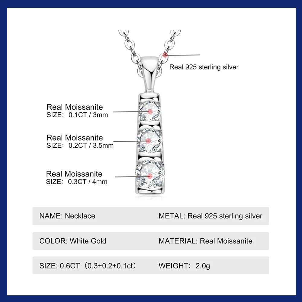 Moissanite Pendant Necklace for Women Men S925 Sterling Silver 3 Stone Diamond Necklaces Fashion Versatile Female Fine Jewelry
