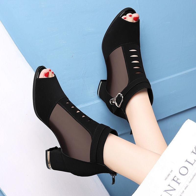 Fish mouth thick heel sandals women's summer new rear zipper mesh high heel breathable Martin boots large size fashion boots