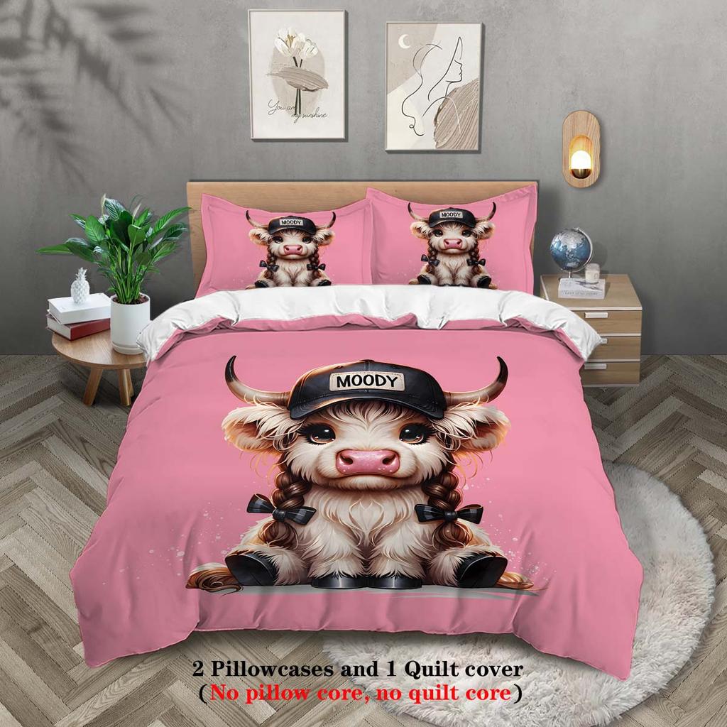 Three-piece set (1 duvet cover, 2 pillowcases, no core), cute cartoon cool highland cow element printed bedding, multiple sizes