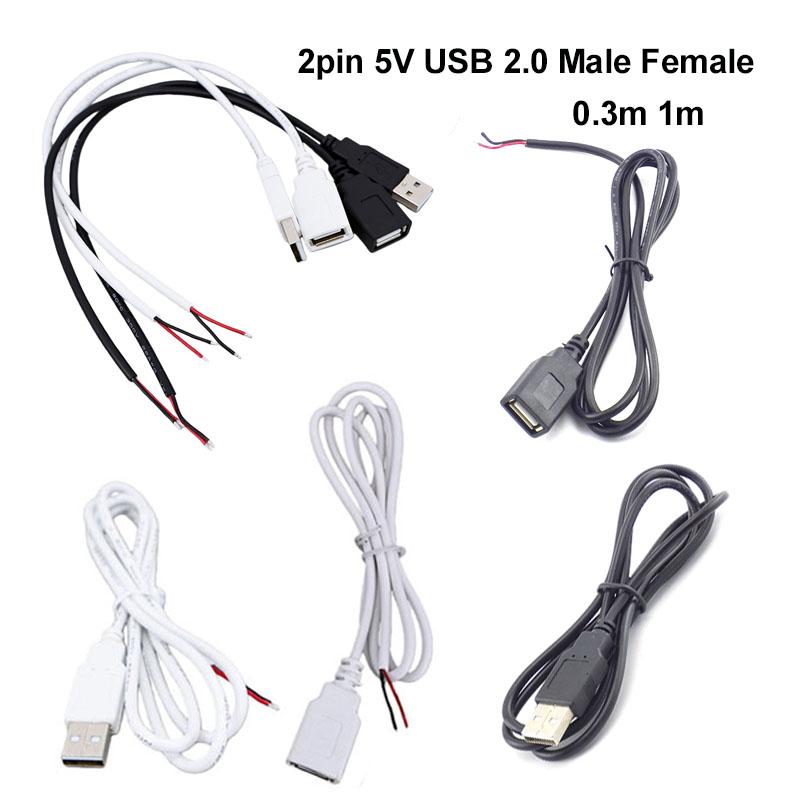 2pin 5V USB 2.0 Male Female Jack Connector Cable Power Extension Cable Black White 0.3m 1m for Computer Accessories
