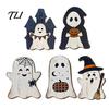Halloween Living Room Table Decorations Wooden Tabletop Decorative Plaque, Rustic Distressed Wood Art Sign, Cute Autumn Home Accents Ghost Patterns