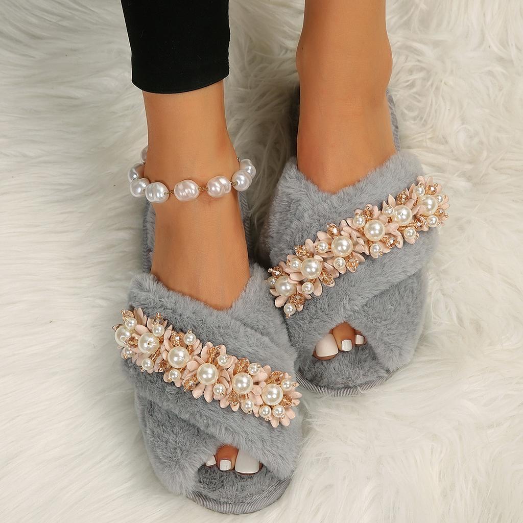 Fashion Women's Flat Home Cotton Slippers Autumn Witer Keep Warm Fur Flowers Beaded Slipper for Women Casual Light Non-slip Slides Shoes