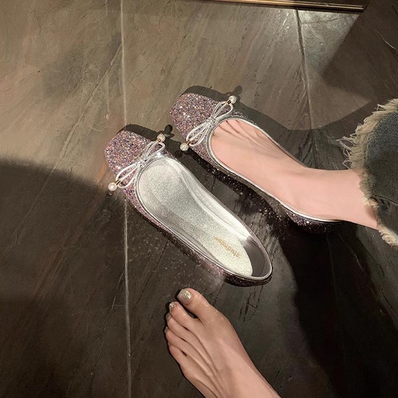 Grape Mom Frida Girl~ Square Head Bow Light Mouth Delicate Pearl Ballet Flat Shoes Lambskin Single Shoes